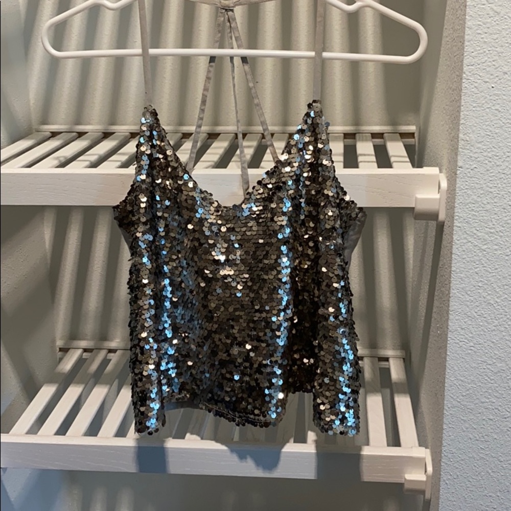 Silver sequin strappy tank top